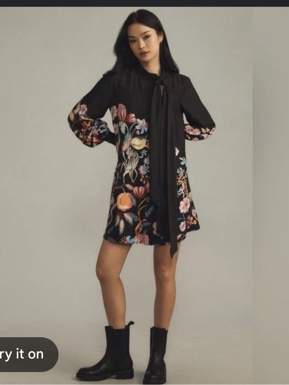 Anthropologie Black Floral Tie-Neck Mini Dress